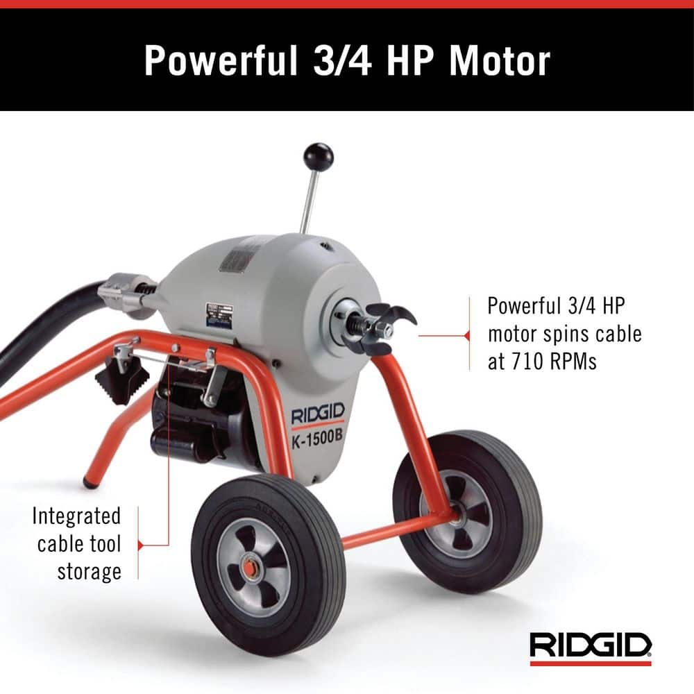 RIDGID K-1500A Sectional Machine for 2-8 in. Lines, with A-1 Mitt, A-12 Pin Key, and Rear Guide Hose (2)