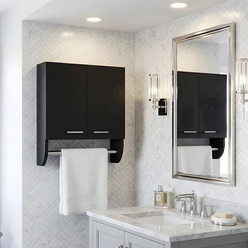 Zuvandra 17.4"W x 5.1"D x 20.3"H Particleboard bathroom wall cabinet with double doors and towel rack in Black (2)