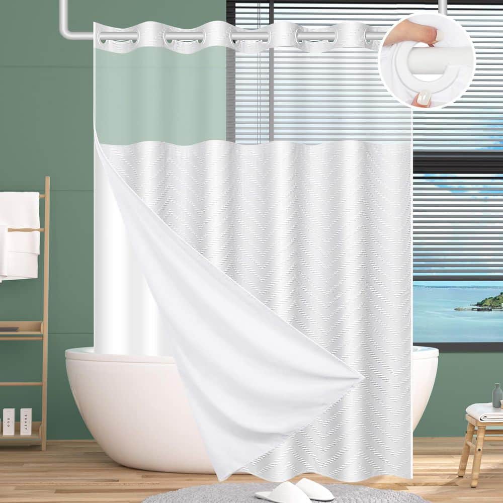 Numhew 71 in. W x 74 in. L Fabric Shower Curtain in Tufted Chevron Striped, Light-filtering No Hook, Mesh Top Window, in White (2)