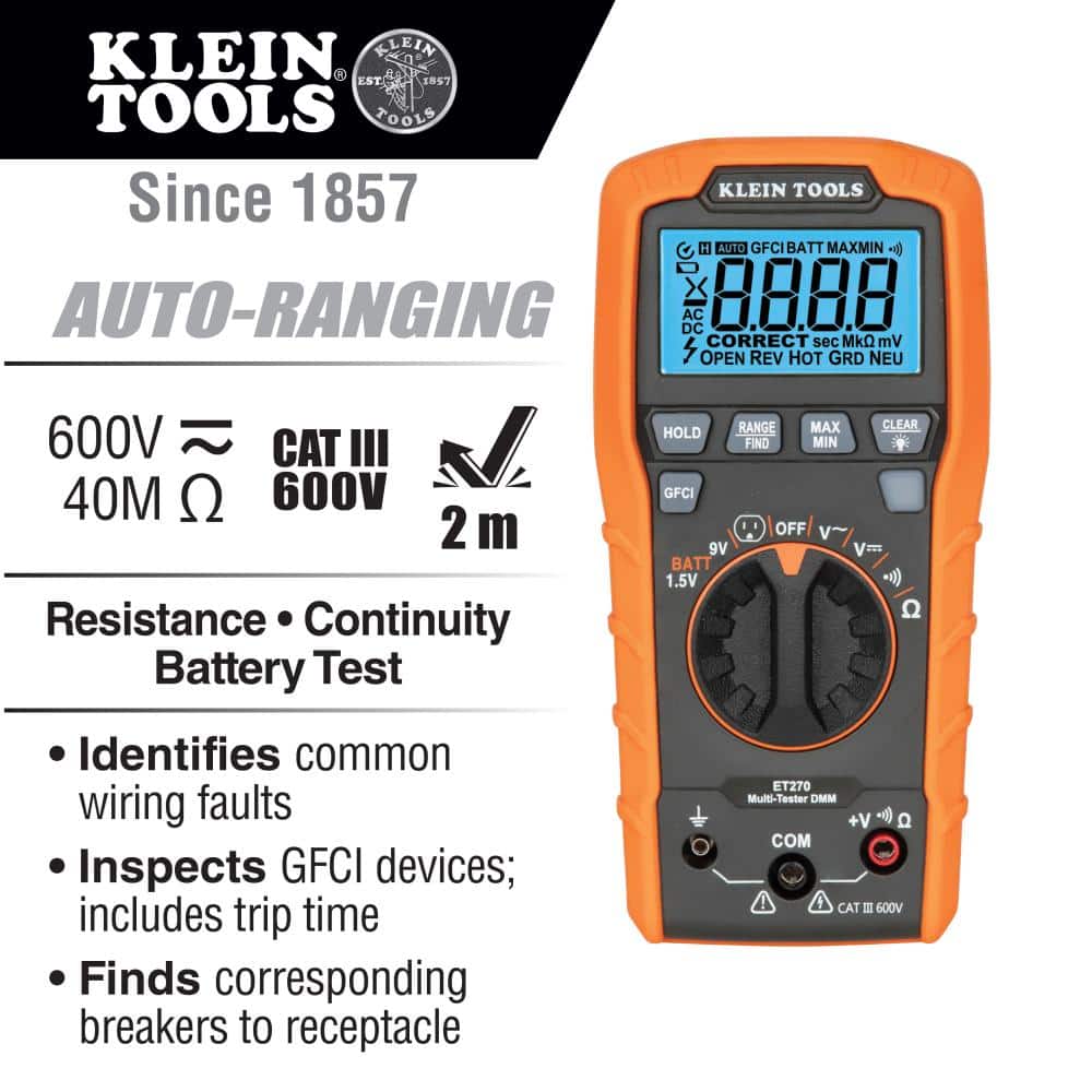 Klein Tools Digital Multi-Tester with Receptacle Tester (Standard/GFCI), Auto-Ranging Digital Multimeter (2)