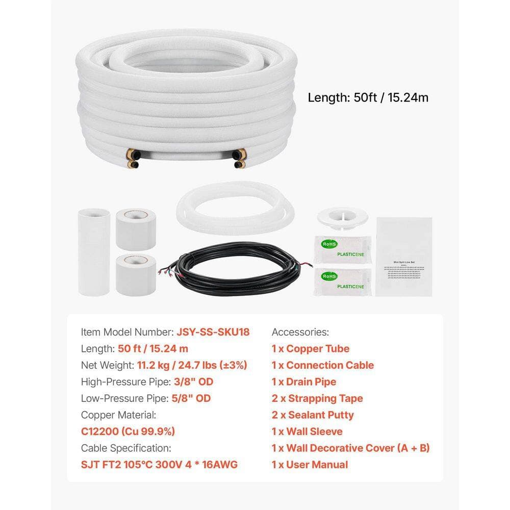 Unbranded 50 ft. Mini Split Line Set 3/8 in. 5/8 in. OD AC Copper Tubing Pipe 3/8 White PE Thickened Insulated Coil w/Flared Nuts (2)