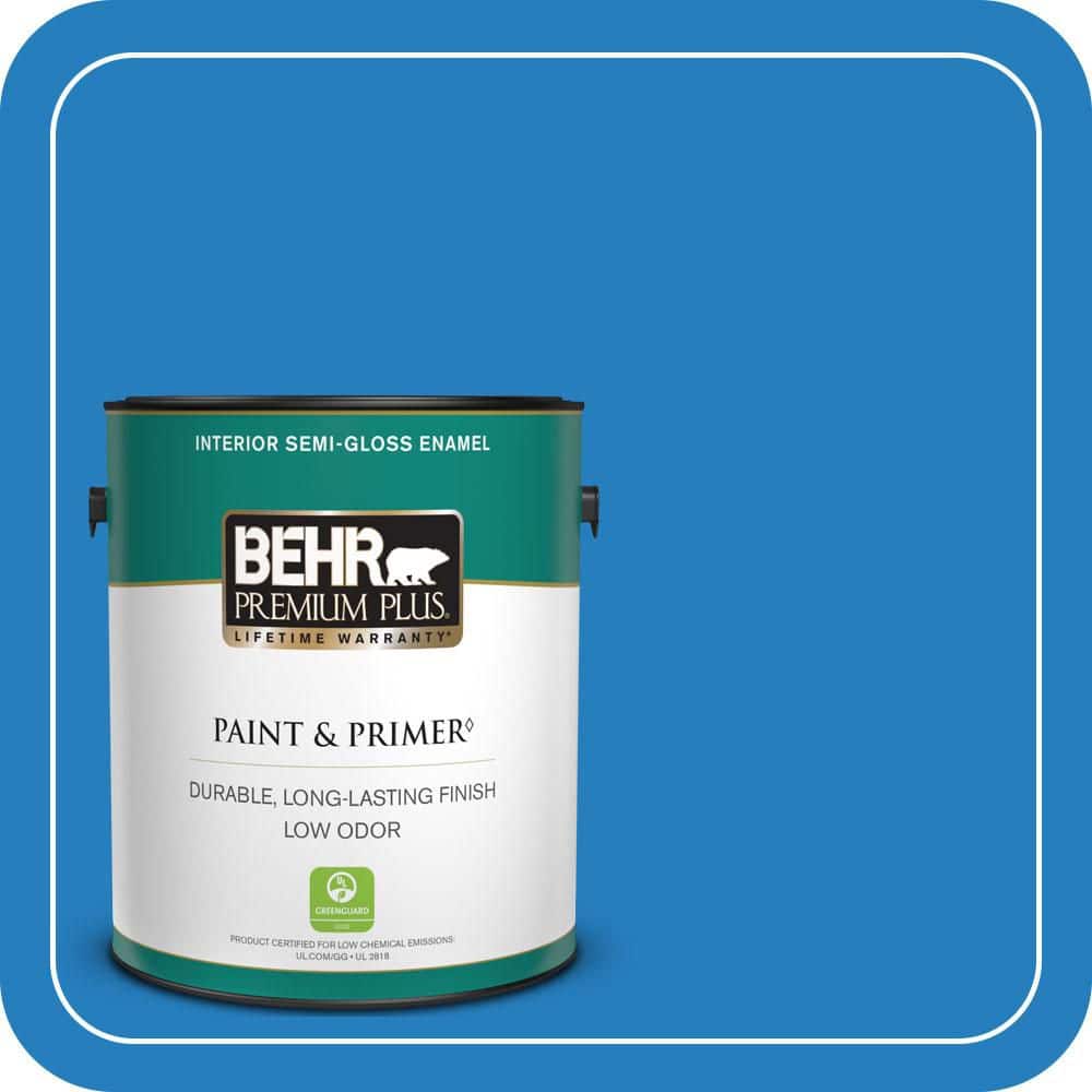 BEHR PREMIUM PLUS 1 gal. #P510-6 Brilliant Blue Semi-Gloss Enamel Low Odor Interior Paint & Primer (1)