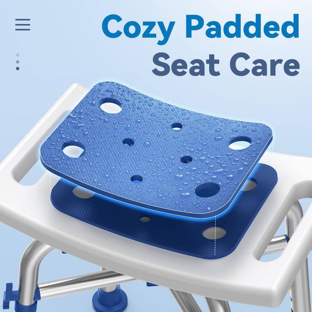 Wudkey Aluminum Shower Bench in Blue White with Padded Seat and Adjustable Height, Shower Stool with Cross Bar for Elderly (3)