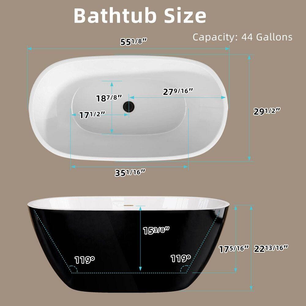 Zeafive Ema 55 in. 29.5 in. Modern Oval Acrylic Freestanding Soaking Bathtub with Center Drain Glossy Black and White (4)