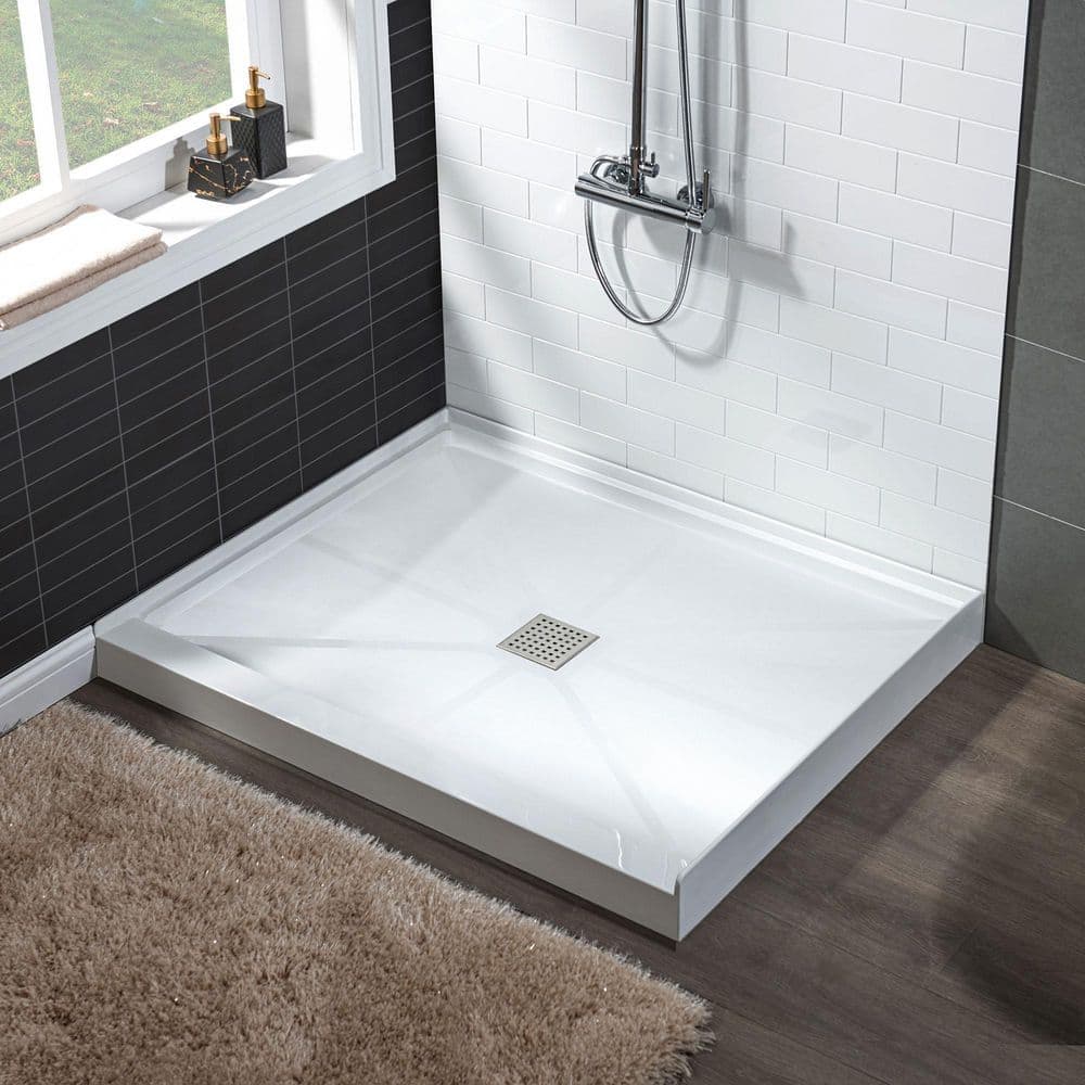 WOODBRIDGE 36 in. L 36 in. W Alcove Solid Surface Shower Pan Base with Drain White with Brushed Nickel Cover (1)