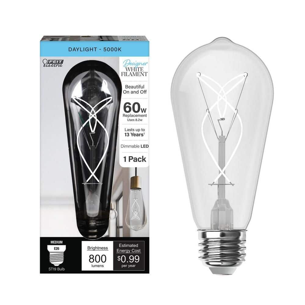 Feit Electric 60-Watt Equivalent ST19 Dimmable Knot Thin White Filament Clear Glass E26 Vintage Edison LED Light Bulb, Daylight 5000K