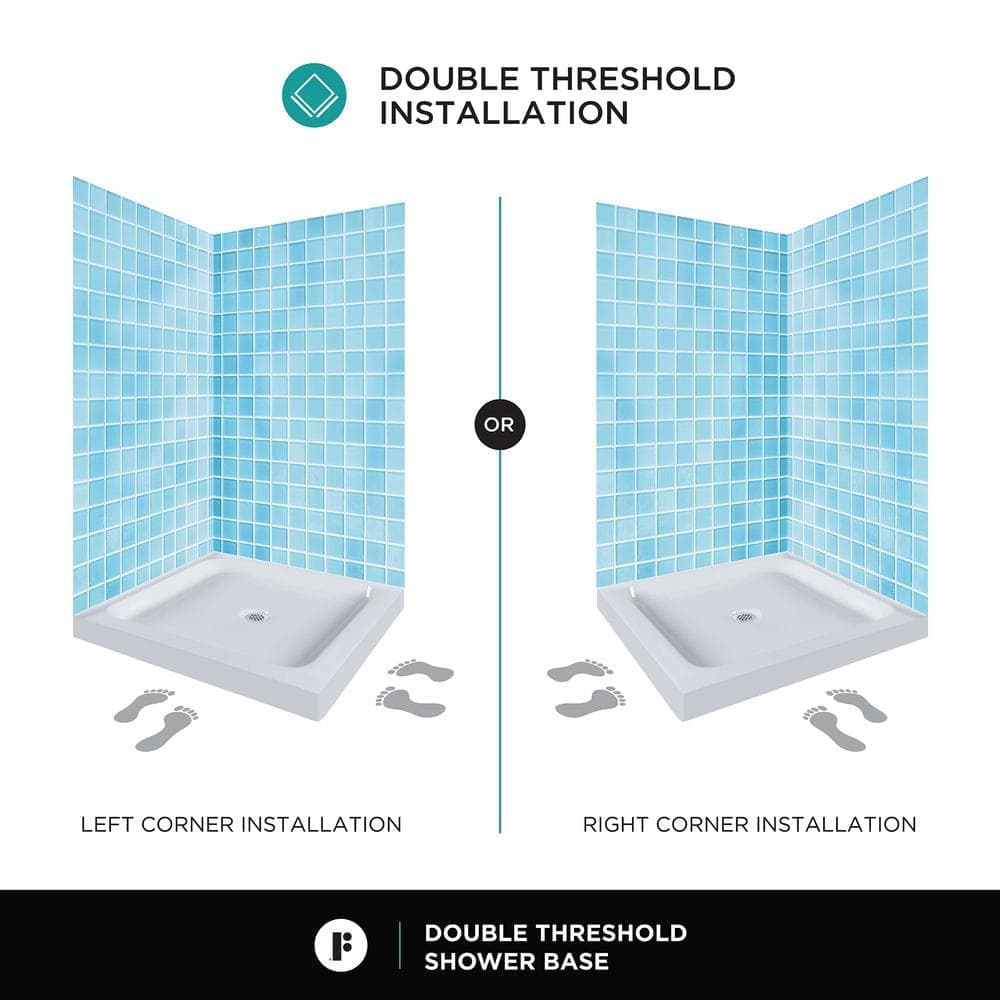 FINE FIXTURES 60 in. L 36 in. W Double Threshold Corner Shower Pan Base with Drain White (2)
