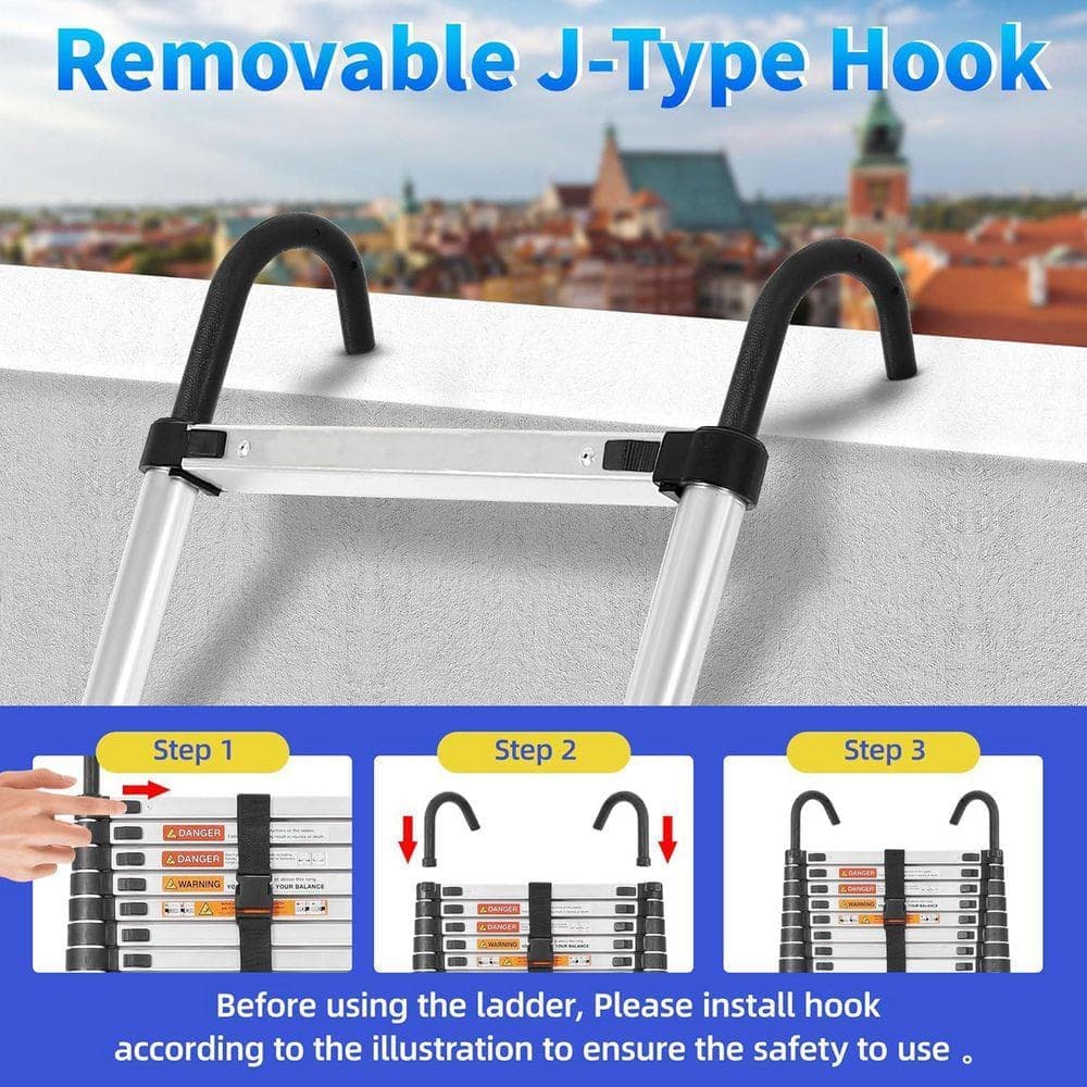 Unbranded 10 ft. Reach Aluminum Telescoping Multi-Position Ladder, 330 lb. with 2 Triangle Stabilizers and 2 Detachable Hooks (2)