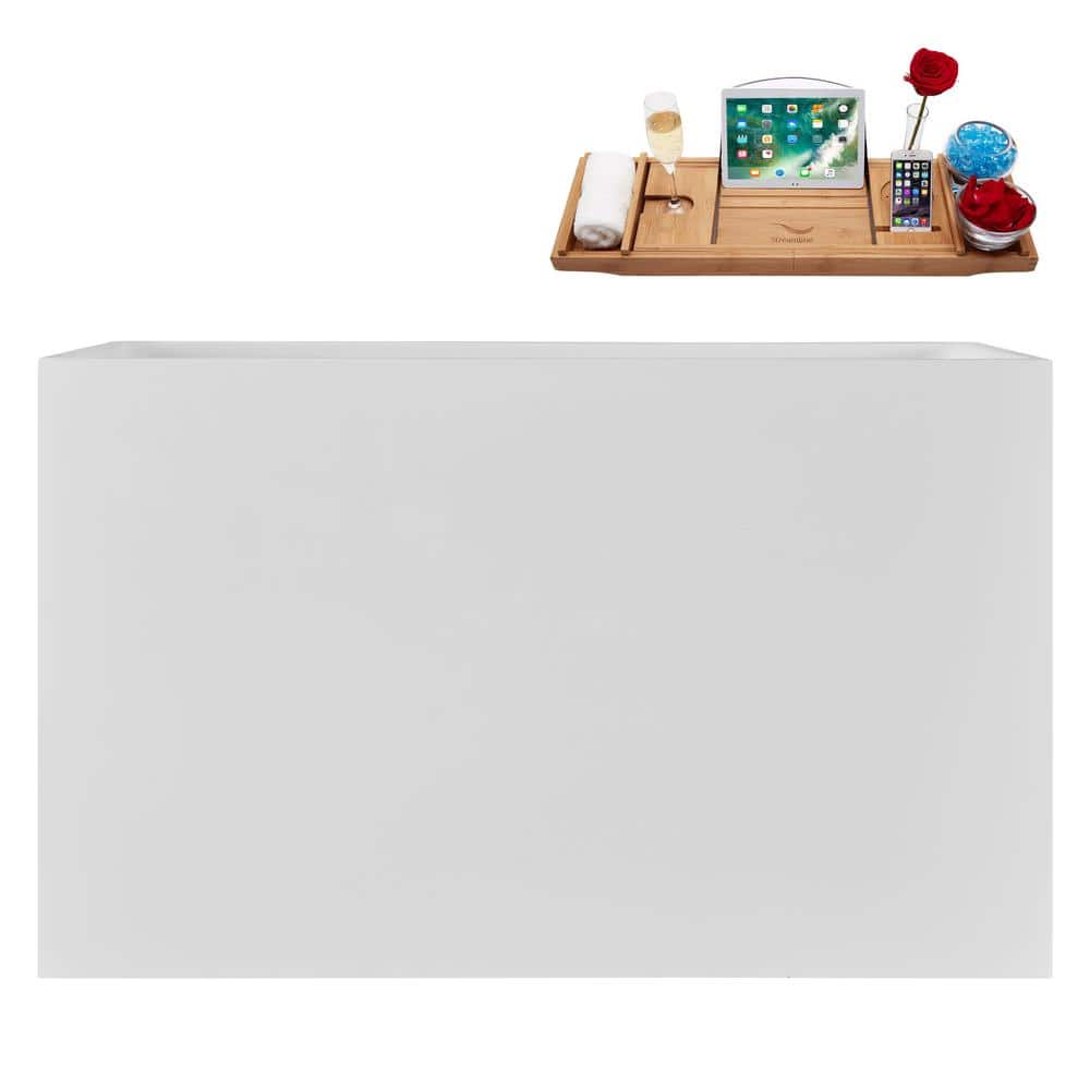 Streamline 47 in. x 28 in. Acrylic Freestanding Soaking Bathtub in Glossy White with Matte Oil Rubbed Bronze Drain, Bamboo Tray (1)