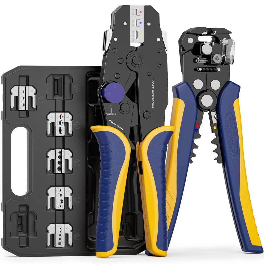 Unbranded Hand Tool Ratchet Crimping Tool Set with 6 Crimp Dies, Star Wheel Pressure Adjust, Wire Stripper, 8 Piece