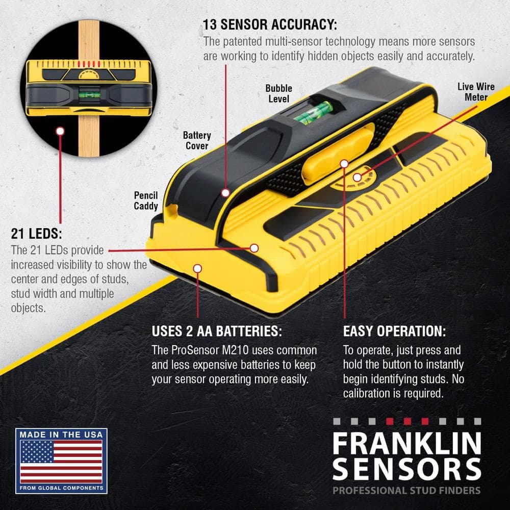 Franklin Sensors ProSensor M210 Full Width Center and Edge Stud Finder with 13-Sensors and Live Wire Meter/Wood and Metal Stud Detector (2)