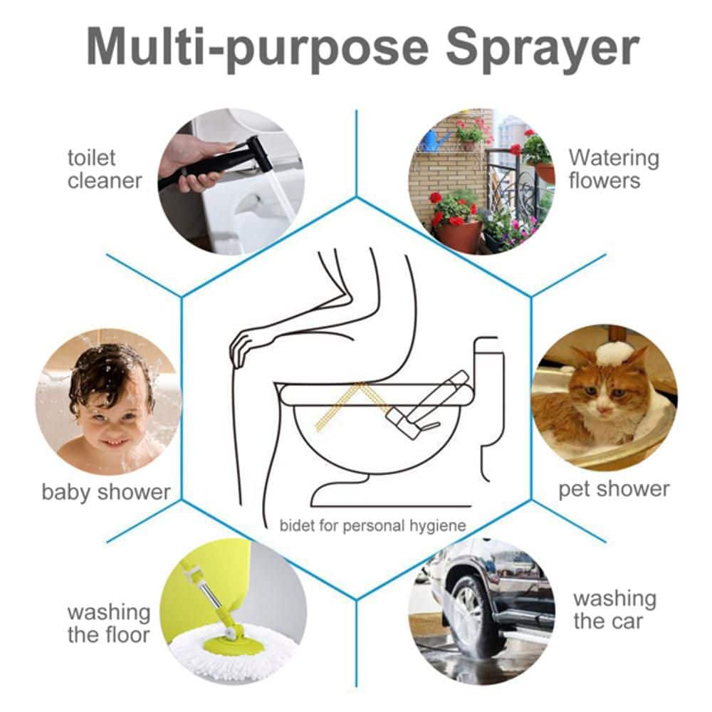 Helhom Handheld Toilet Sprayer 1-Handle Bidet Faucet with Sprayer Gun, Hose, Wall Mount Holder & T-Valve Diverter in Black (3)