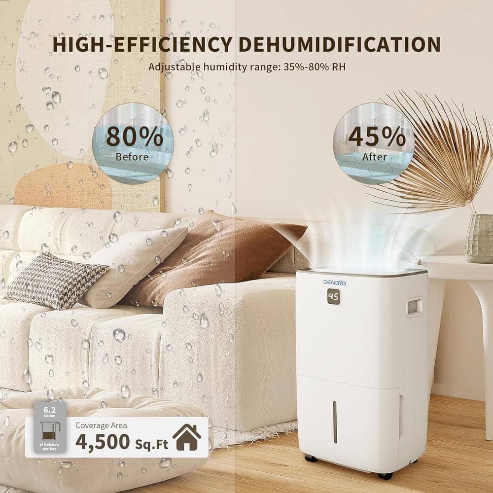 Denjol 50 Pt. 4,500 Sq. Ft. Dehumidifier in White with Washable Air Filter, 2 gal. Water Tank and Drain Hose (3)