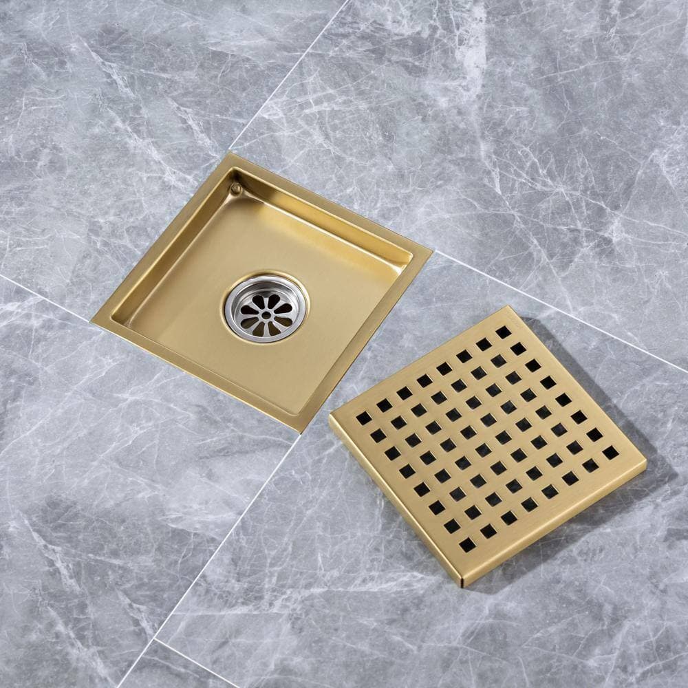 Flynama 6 in. Square Stainless Steel Shower Drain in Brushed Gold (3)