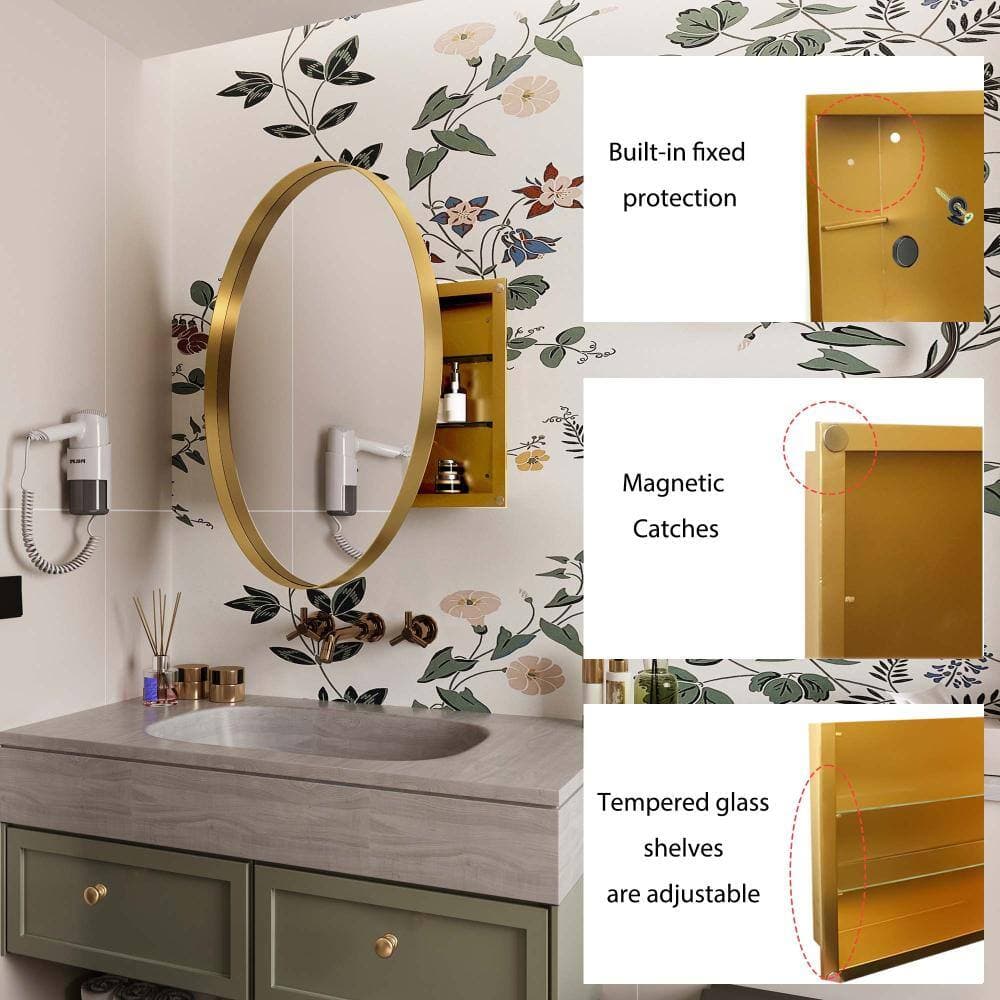 XUJMK 32 in. W x 32 in. D x 5 in. H Bathroom Storage Wall Cabinet, Medicine Cabinet in Gold with Mirror, Adjustable Shelves (3)