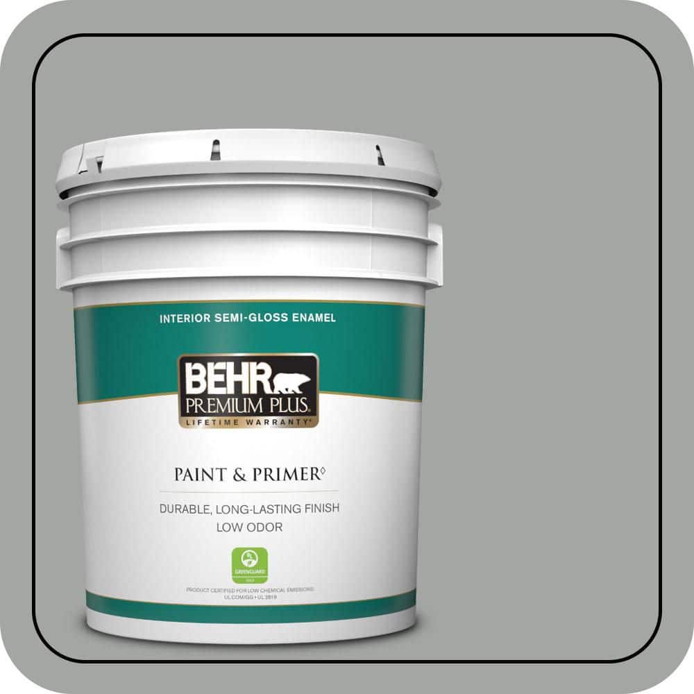 BEHR PREMIUM PLUS 5 gal. #PPU25-04 Sharkskin Suit Semi-Gloss Enamel Low Odor Interior Paint & Primer
