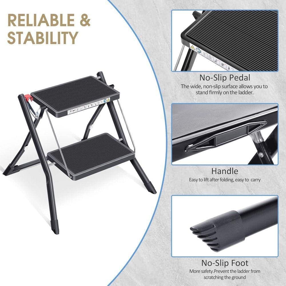 KIWDZFU 1.5 ft. Reach Folding Step Ladder 2-Step Black Light Steel with Non-Slip Rubber Mat Up to 330 lbs. for Home and Office (3)