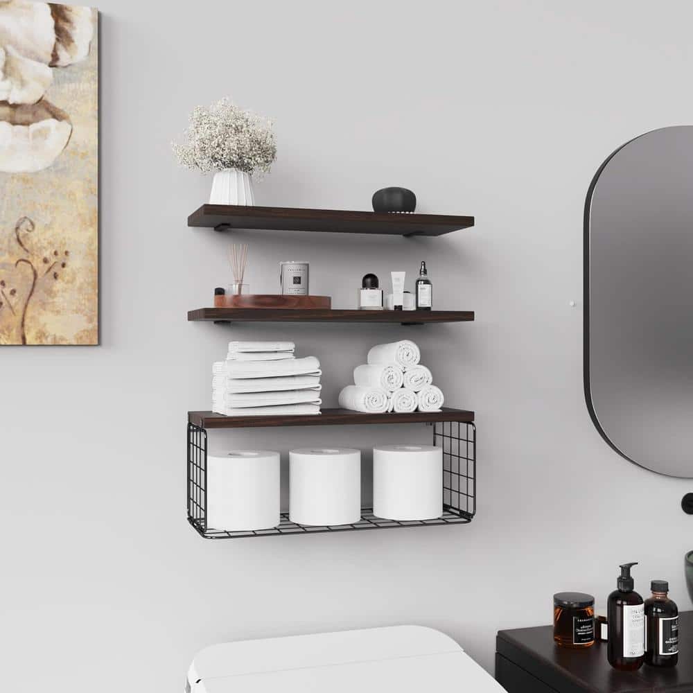 Tileon 16.5 in. W x 5.5 in. H x 6 in. D 3-Tier Pine Rectangular Bathroom Wall Shelf with Iron Basket in Brown (2)