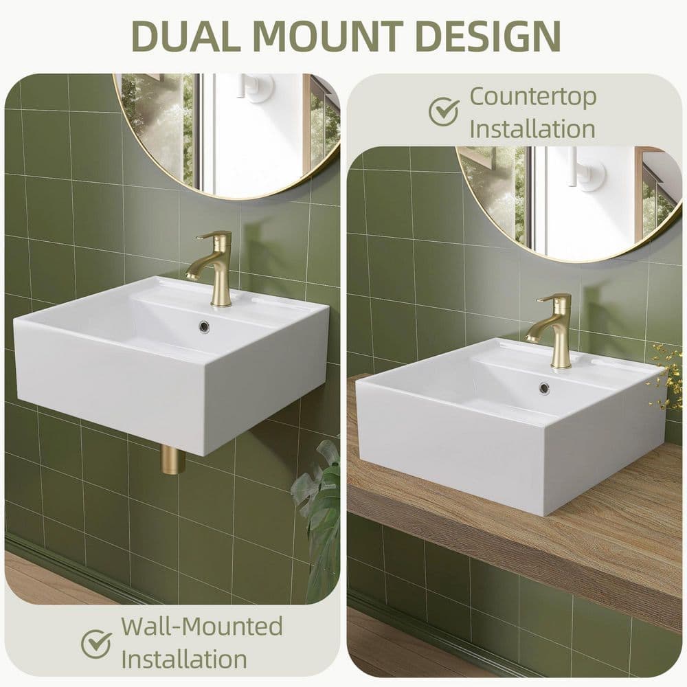Zeafive 16.5 in. White Ceramic Square Wall-Mount Bathroom Sink Install or On Countertop Vessel Basin w/ Faucet Hole and Overflow (2)