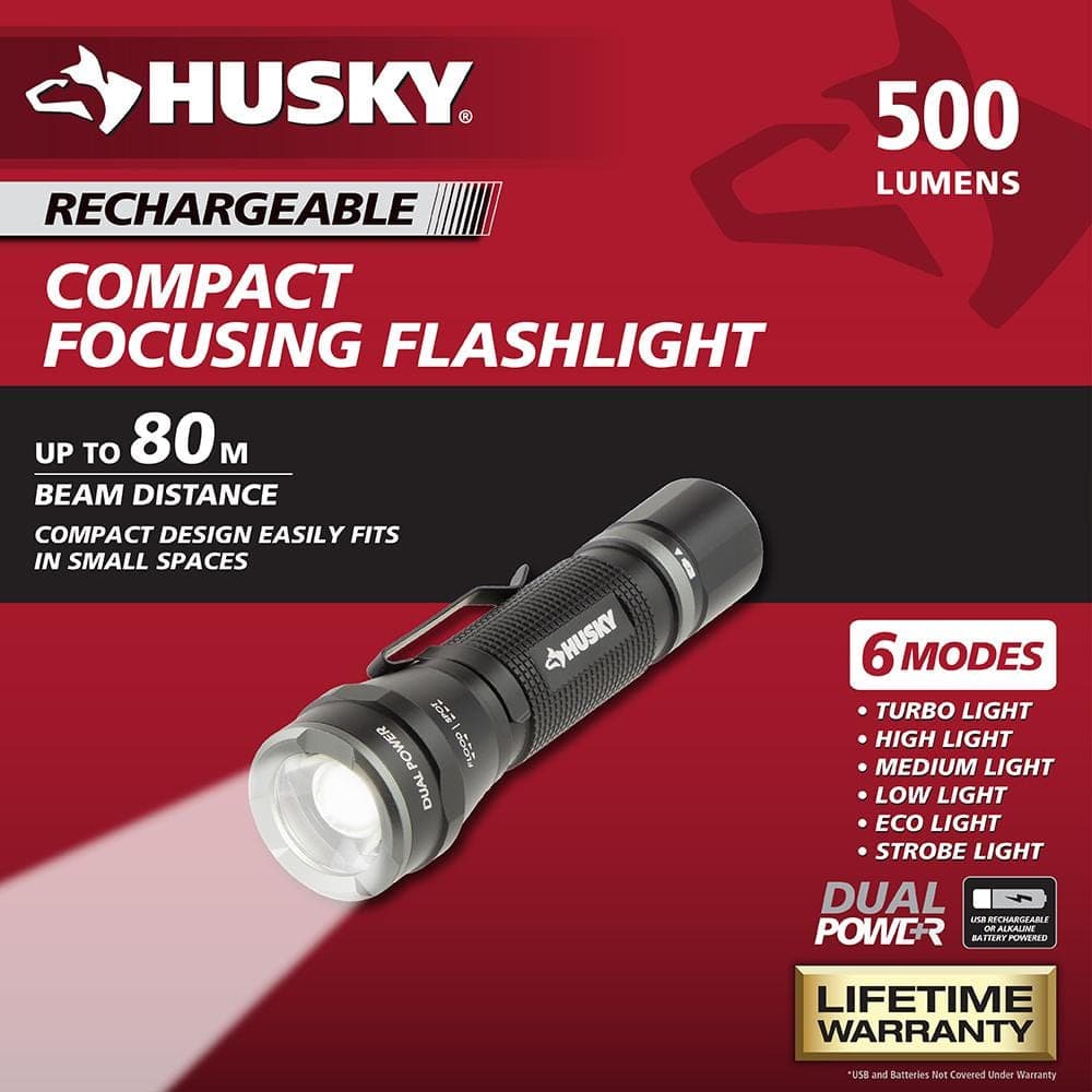 Husky 500 Lumens Dual Power LED Rechargeable Focusing Aluminum Flashlight (2)