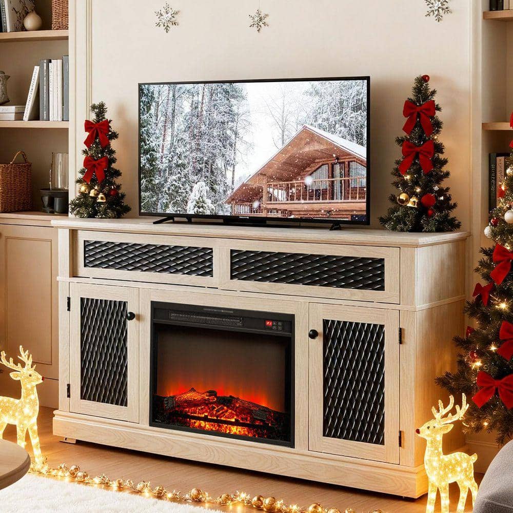 SUNRINX Farmhouse 58 in. Freestanding Wood Electric Fireplace TV Stand with Embossed Doors and Storage in White (2)