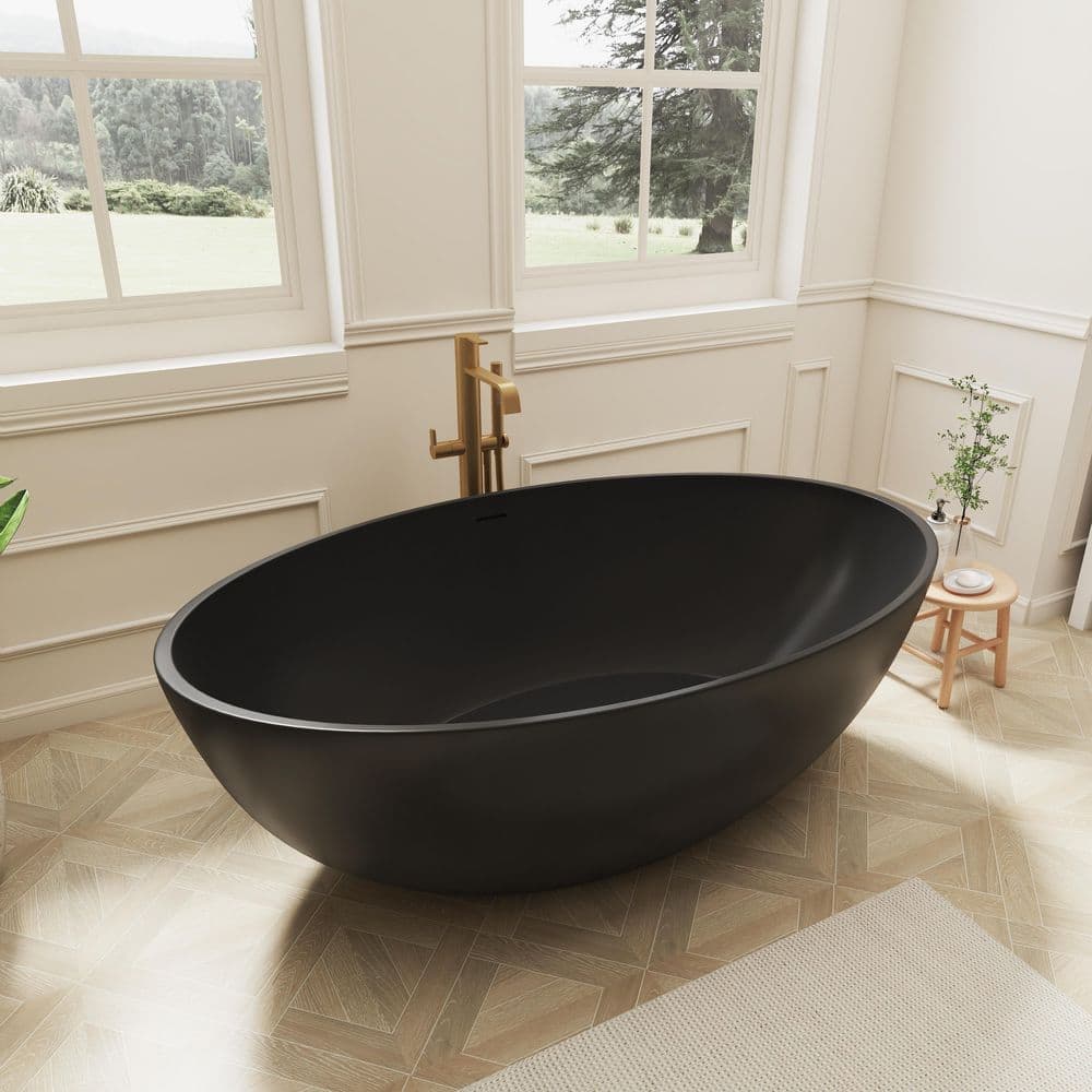 SJ STAR&JANE Oeno 67 in. x 39 in. Extra Wide Solid Surface Freestanding Soaking Bathtub Stone Resin Tub in Black (3)