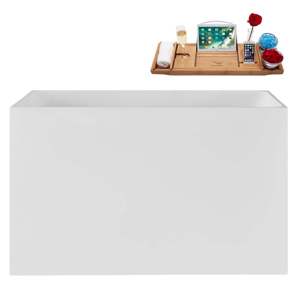 Streamline 47 in. x 28 in. Acrylic Freestanding Soaking Bathtub in Glossy White with Matte Oil Rubbed Bronze Drain, Bamboo Tray (2)