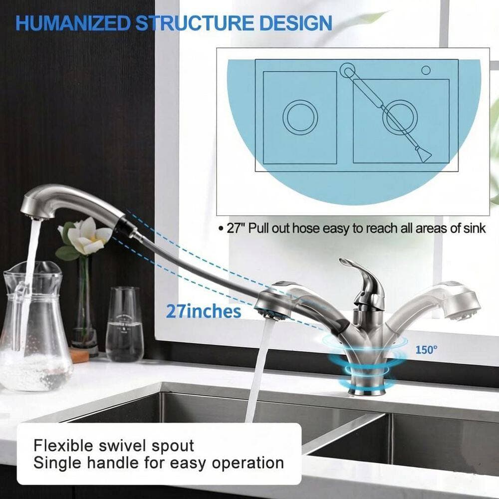 Wudkey 1-Piece Faucet with Pull Out Sprayer Included, Single Handle 1 Hole 2 Modes, 150°Rotation, No Lead in Brushed Nickel (3)