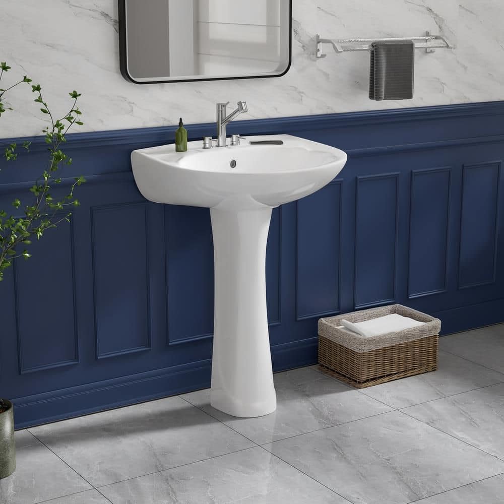 Kuomih 18.5 in. D x 21in. W Novelty Pedestal Bathroom Sink Combo in White Vitreous China With 3 Faucet Holes And Overflow