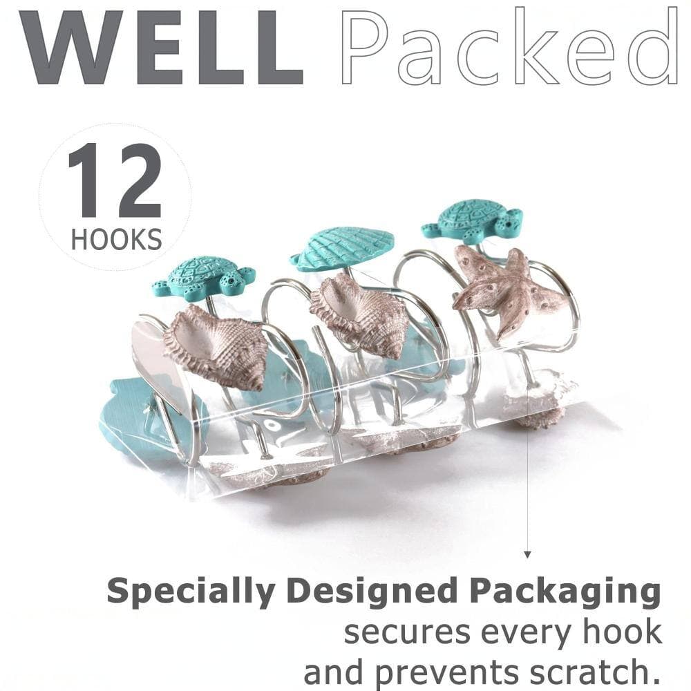 Unbranded Nautical Ocean Shower Curtain Hooks Set 12 Pcs Stainless Rings with Seashell Turtle Starfish Conch Decor (3)