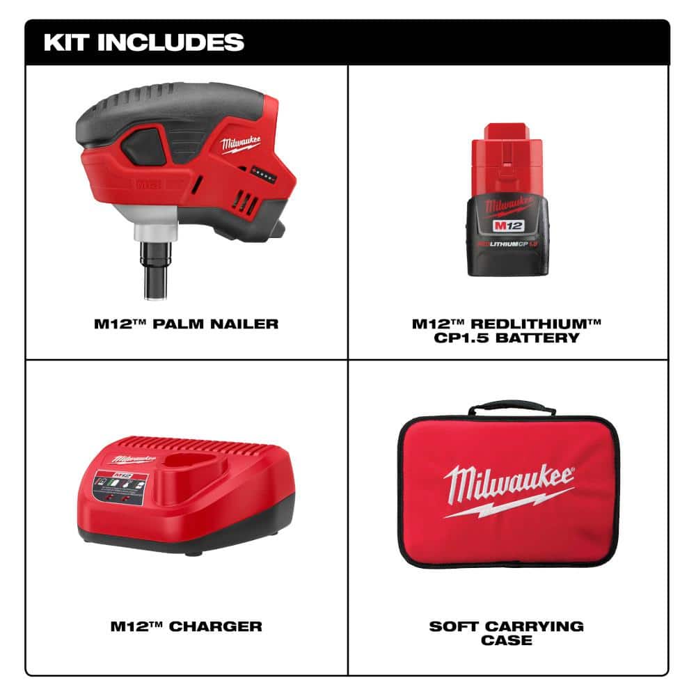 Milwaukee M12 12-Volt Lithium-Ion Cordless Palm Nailer Kit with One 1.5Ah Battery, Charger and Tool Bag (2)