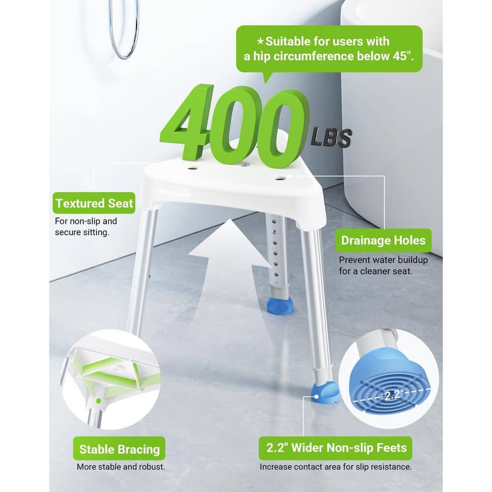 Wudkey Triangular Shower Chair in White, Adjustable Shower Stool for Shower, Non-Slip Plastic Bathtub Chair with Stable Bracing (3)