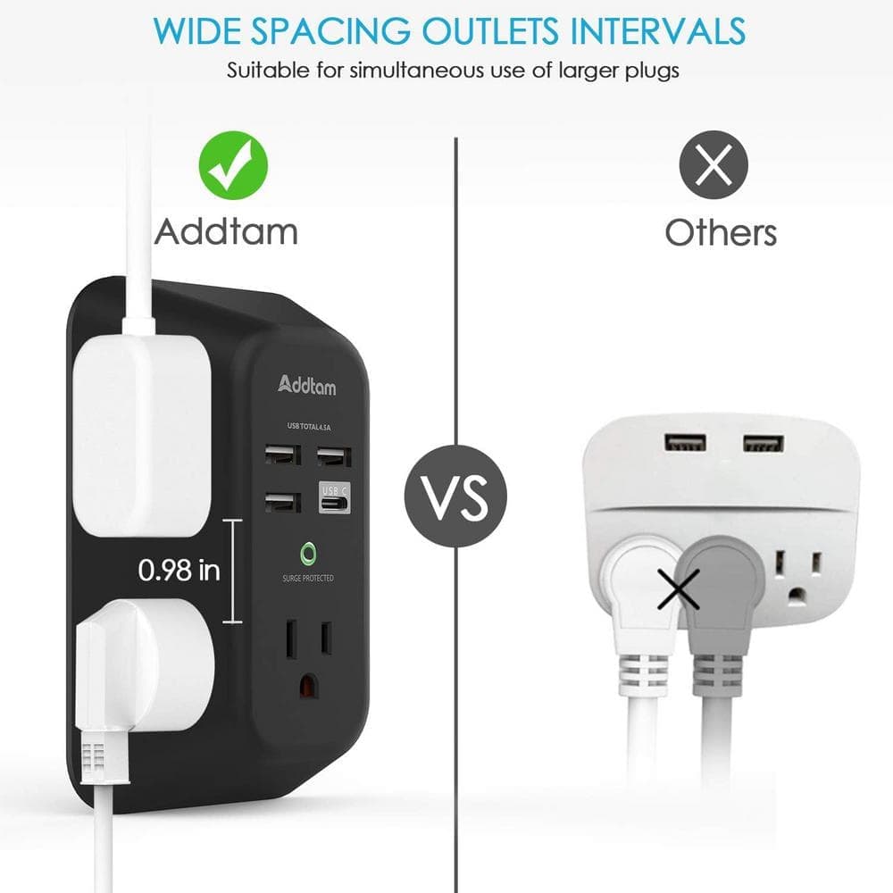 Ahfiwaso 5-Outlet Power Strip Surge Protector with 4 USB Port 3 Sided Wall Adapter in Black ( 2 Pack) (3)