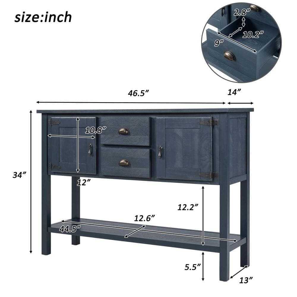XUJMK 48 in W x 14 in D x 34 in H Linen Cabinet, Wood Sideboard Console Table in Navy Blue with 2 Drawers, Adjustable Shelves (2)