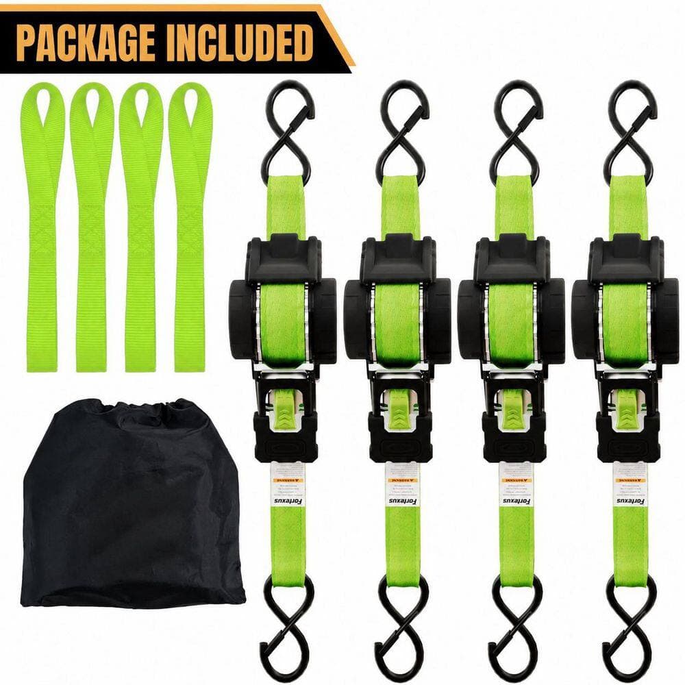 LAIFUCAM 12ft x 1in Ratchet Tie Down Straps Heavy Duty Secure Fastening System for Cargo Motorcycle Trailer Neon Green 4 Pack (2)