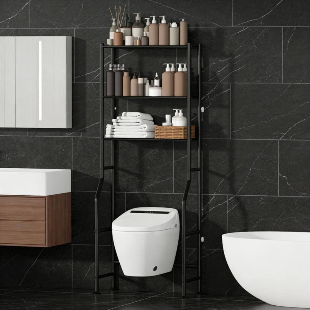 Whatseaso 26 in. W x 64 in. H x 10 in. D Black Over The Toilet Storage with 3 Shelves (3)