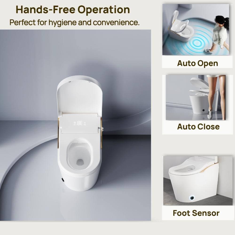 Kahomvis 1-piece 1.28 GPF Single Flush Elongated Smart Toilet in White Auto Open/Close Seat Included (2)