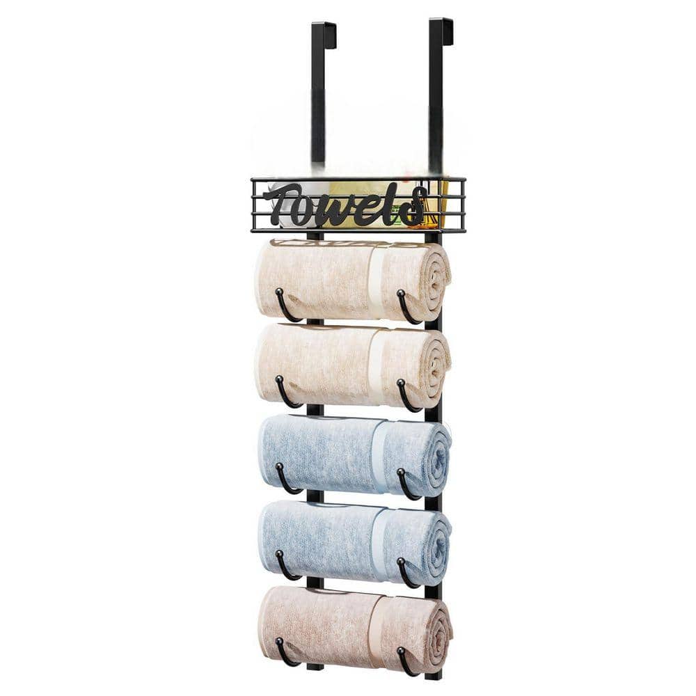 JFVKAF 6-Tier Wall Mount Black Metal Rolled Towel Storage Door Hanging with Metal Shelf Basket (1)