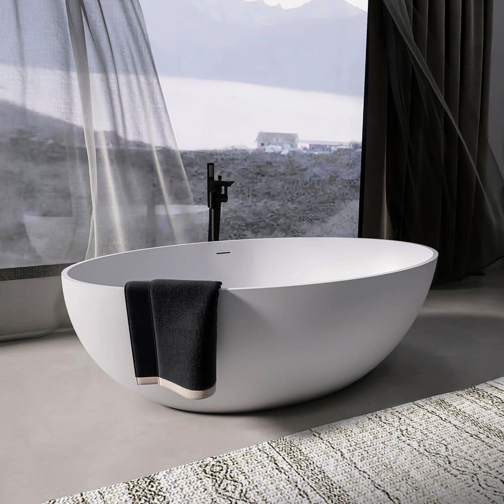 WELLFOR 67 in. x 39 in. Artificial Stone Soaking Bathtub in Matte White Solid Surface Modern Tub with Overflow and Pop-up Drain (1)