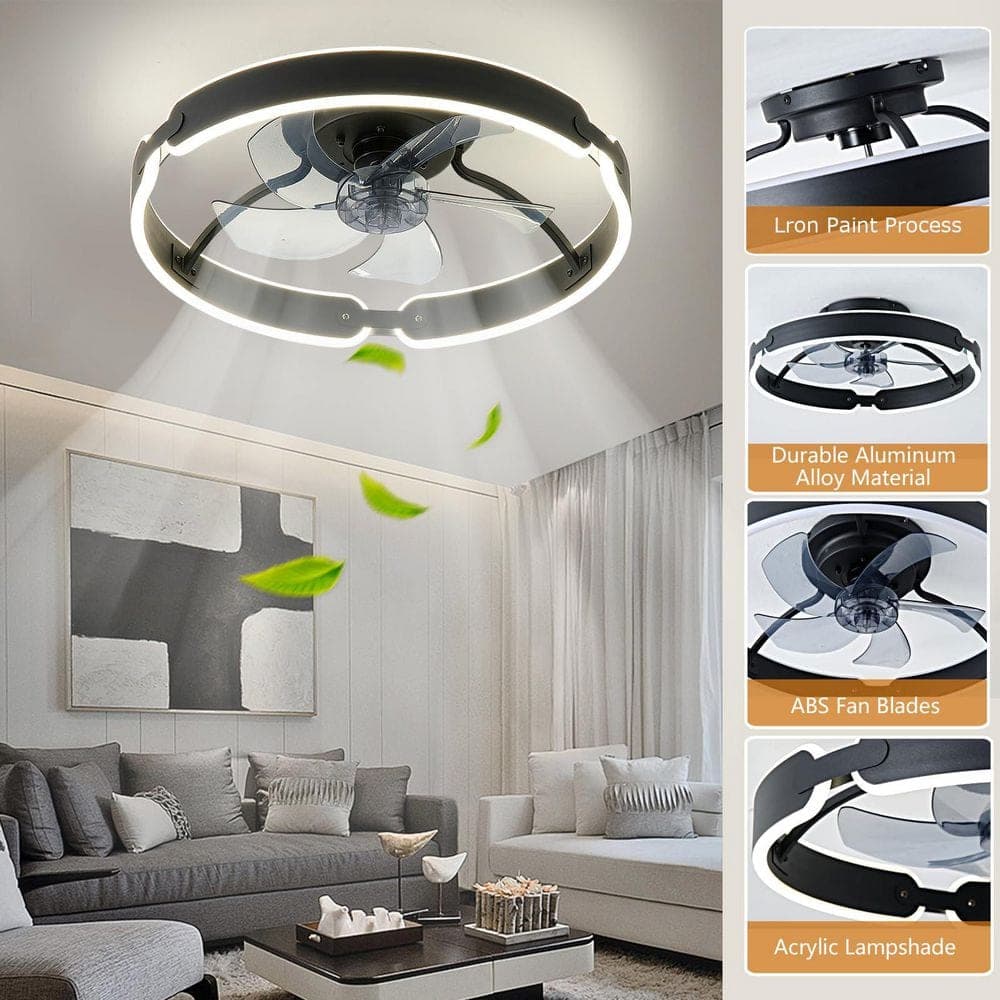 Laybus Black 20 in. Low Profile Ceiling Fan with Lights and Remote, 3000-6000K Dimmable Modern Flush Mount LED Fan Light (2)