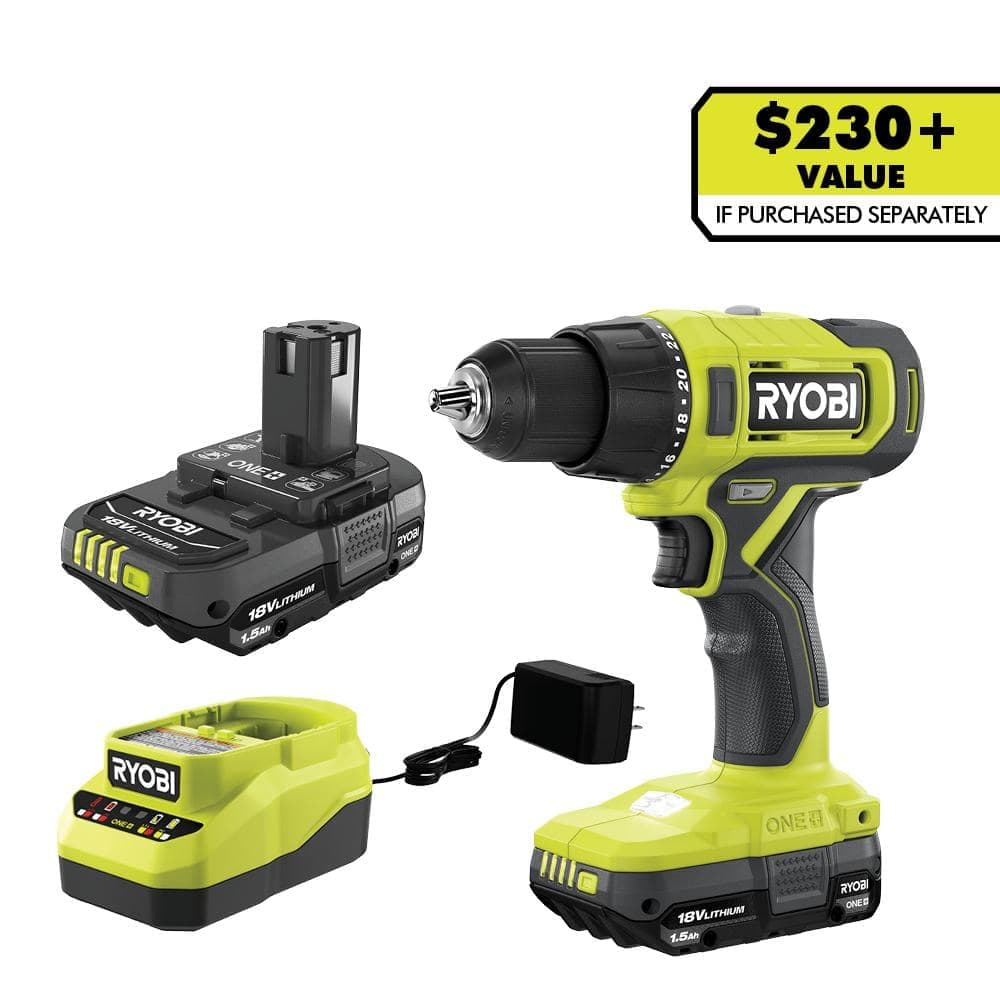 RYOBI ONE+ 18V Cordless 1/2 in. Drill/Driver Kit with (2) Compact Batteries and Charger
