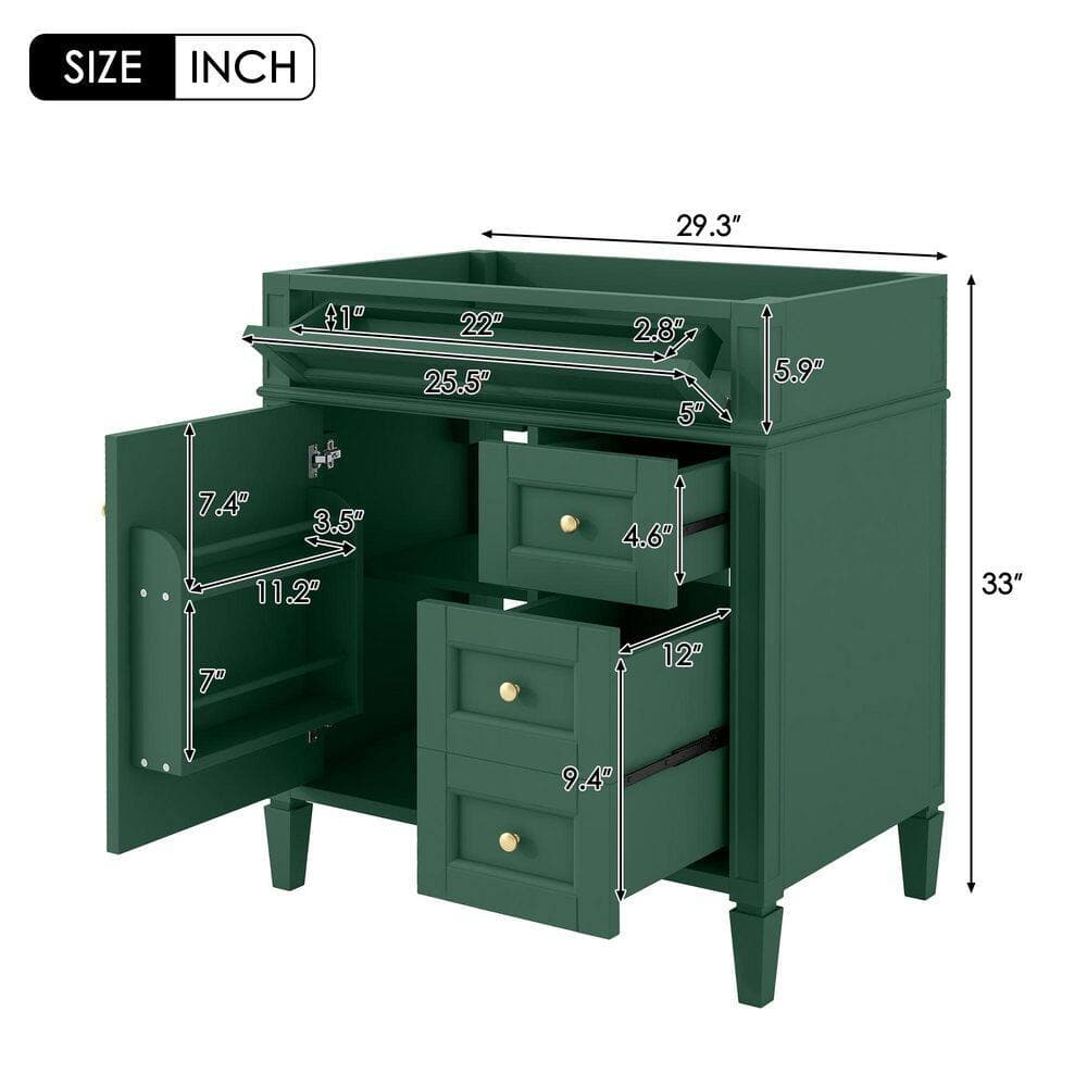 Buruis 29.3 in. Bath Vanity Cabinet without Top in Green with 2 Drawers and a Tip-out Drawer, Basin Not Included (2)