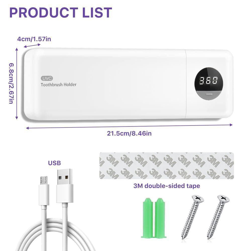 Wudkey Smart Toothbrush Holder with 4 Slots and Timer, Rechargeable Wall-Mounted Cleaner and Dryer for Bathroom, Home (2)