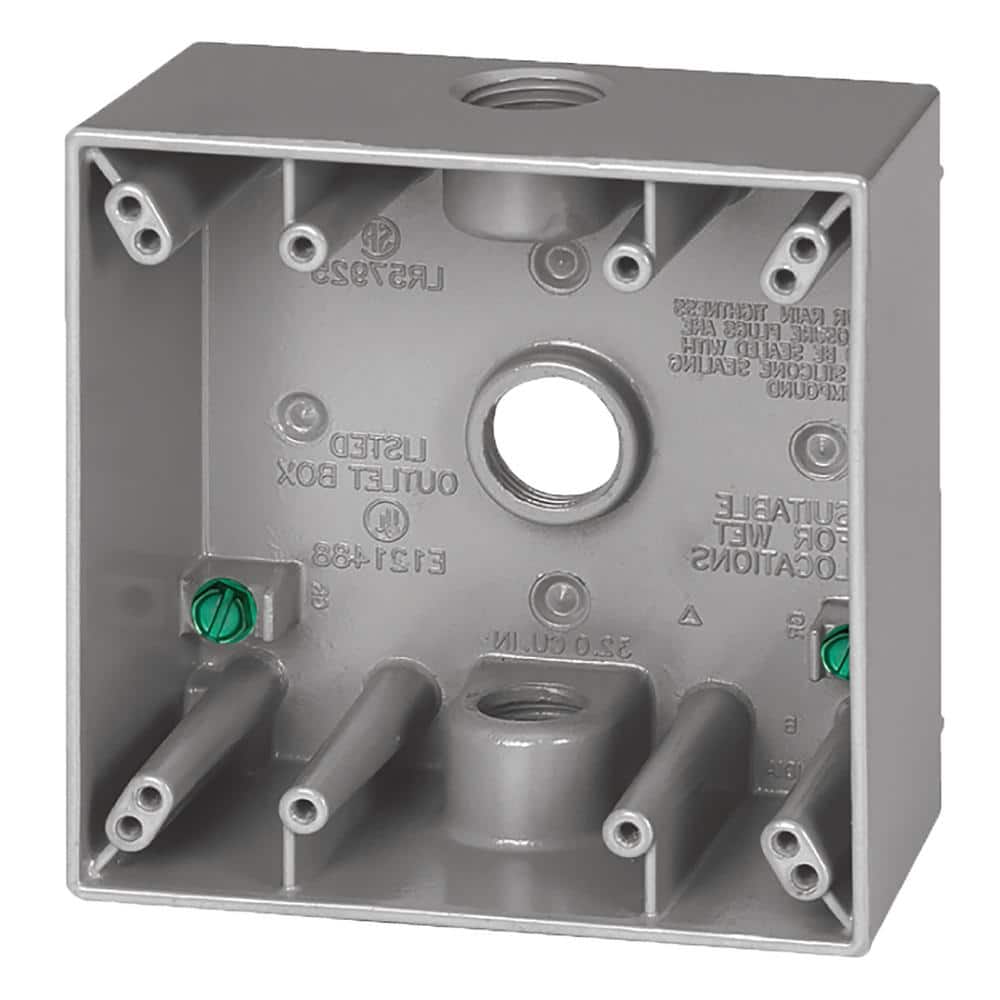 Commercial Electric 2-Gang Metal Weatherproof Electrical Outlet Box with (3) 1/2 inch Holes, Gray (3)