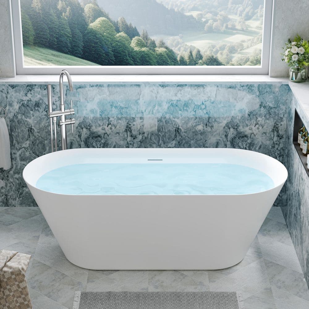 FORCLOVER 66 in. x 29 in. Acrylic Oval Flat Bottom Freestand Soaking Bathtub with Center Drain in Glossy White (1)
