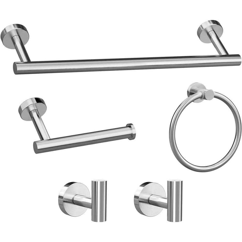 Adrinfly 5-Piece Bath Hardware Set Wall Mounted Stainless Steel with Towel Rack, Ring, Hook Toilet Paper Holder in Brushed Nickel (1)