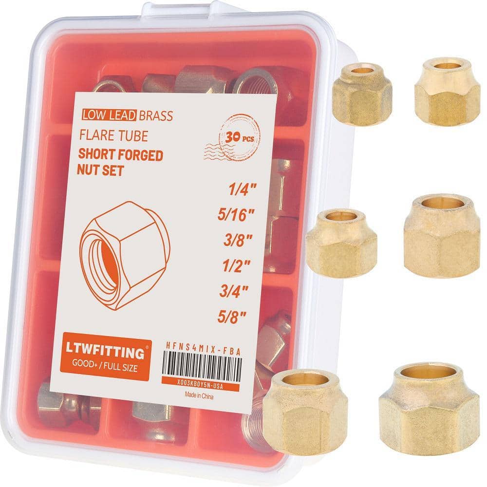 LTWFITTING Assortment Kit Tube OD 1/4-Inch 5/16-Inch 3/8-Inch 1/2-Inch 3/4-Inch 5/8-Inch Brass Flare Short Forged Nut Set(30-Pack)