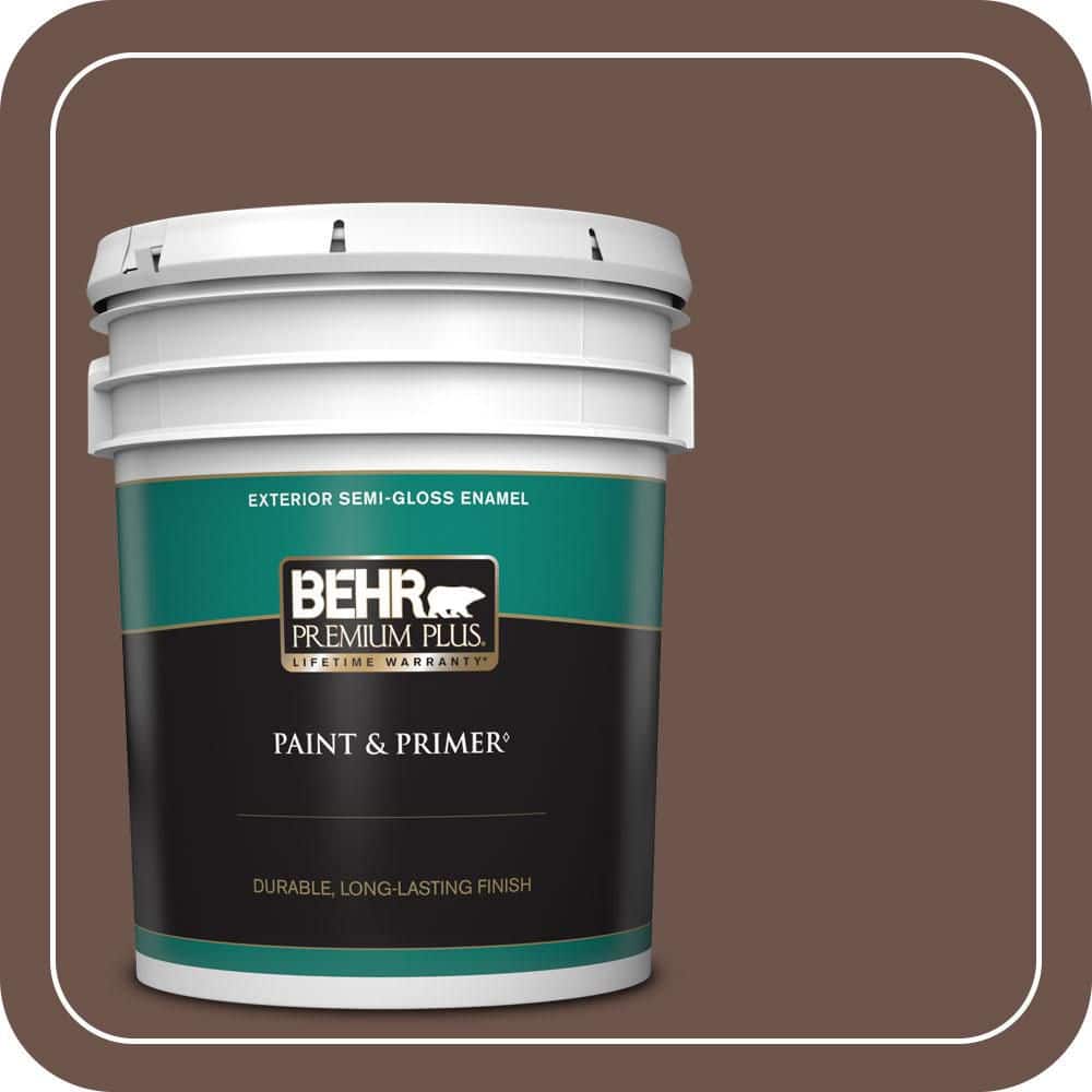 BEHR PREMIUM PLUS 5 gal. #N130-7 Double Fudge Semi-Gloss Enamel Exterior Paint & Primer