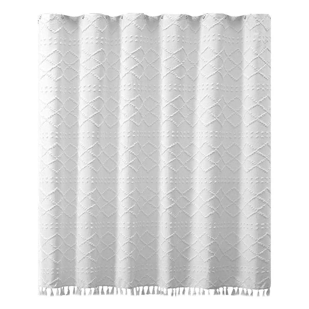 JFVKAF Boho White Woven Fabric Shower Curtain with Tassel 72 x 72 Modern Farmhouse Minimalist Textured Chevron Striped PVC (1)