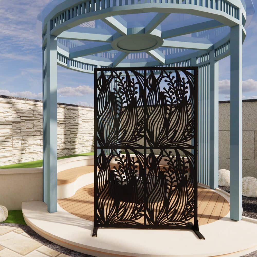 Sudzendf 3.8 ft. x 6 ft. Metal Freestanding Decorative Privacy Fence Screen, Outdoor and Indoor Divider, Black Leaf Shape (2)